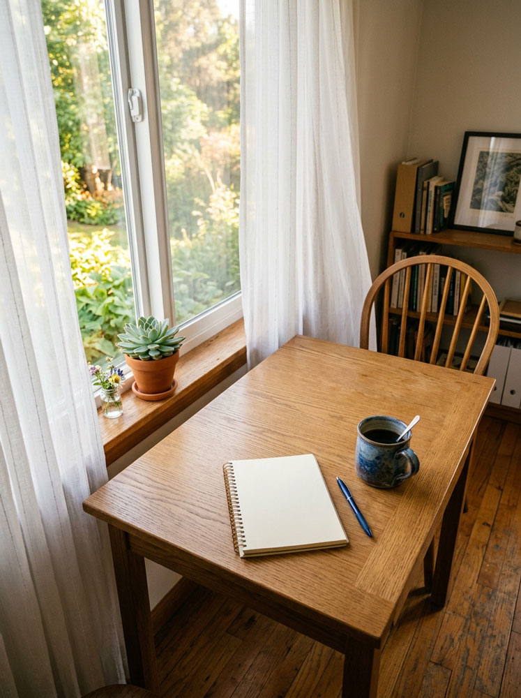An empty desk with a notepad, pen, and coffee mug in a tidy office