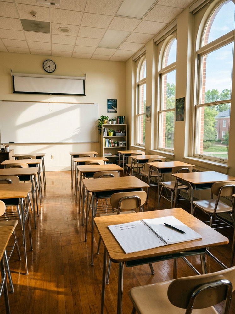 An open book lying on a warm wooden surface with a pen resting on the page and soft natural light